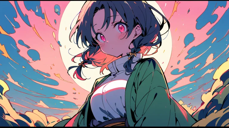 Beautiful anime artwork of Mitsuri Kocho from Demon Slayer looking directly at the viewer against an open barren land with a perfectly clean and vast pure void, extreme depth of field, for desktop or PC.