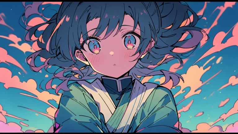 Mitsuri Kocho standing in front of a perfectly clean vast pure void, looking at the viewer with an air of confidence. Desktop/PC