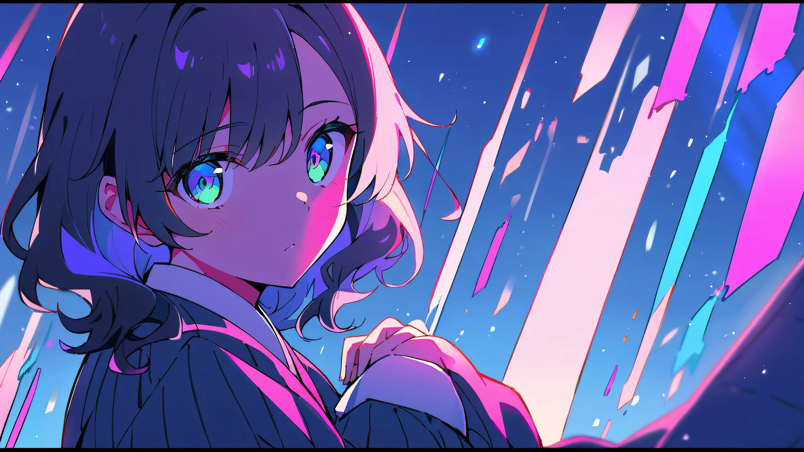 A solo Mitsuri Kocho from Demon Slayer gazing at the viewer against a perfectly clean vast pure void background with extreme depth of field, featuring bright and airy ethereal lighting, beautiful sky, and vivid colors.