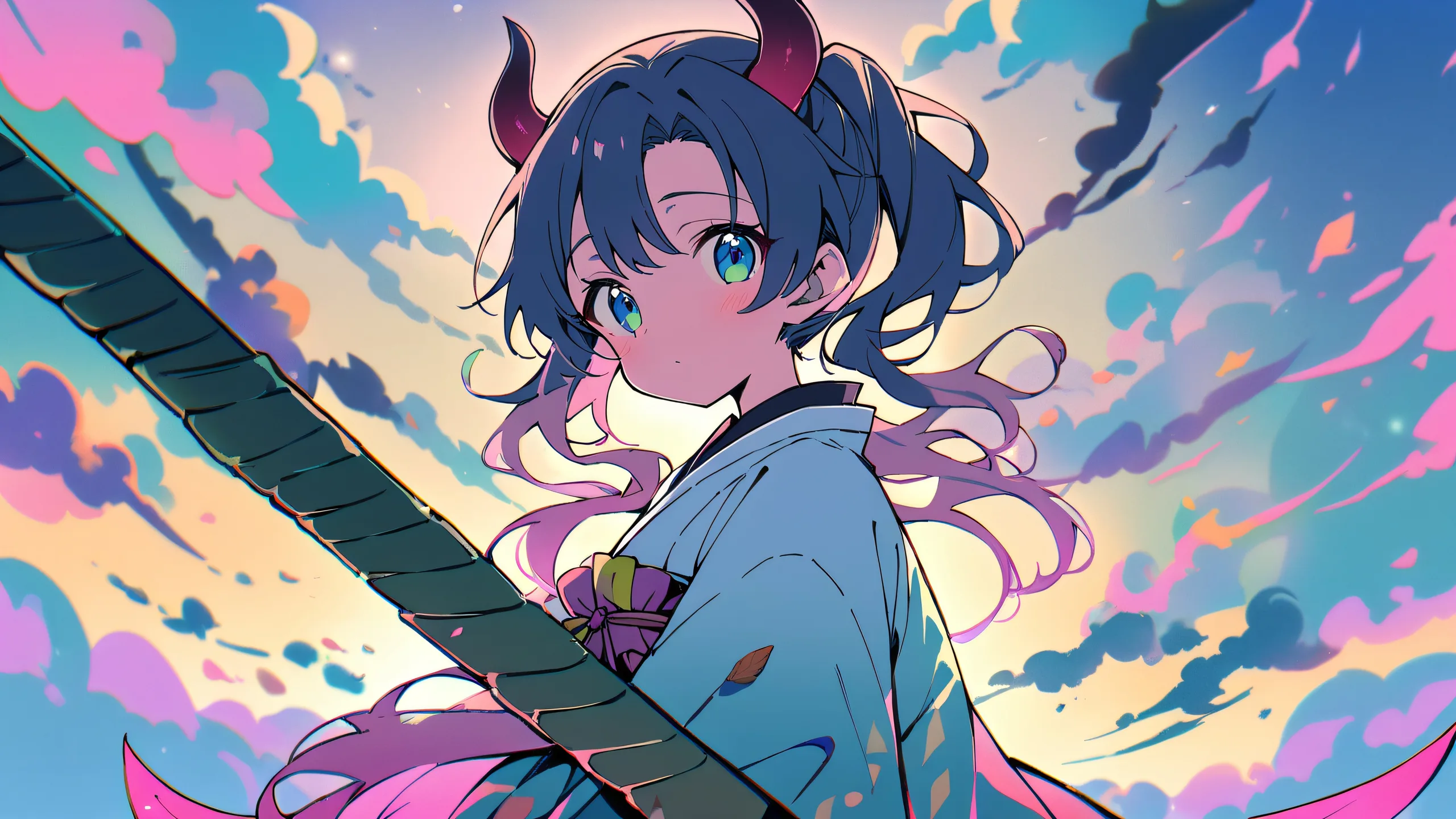 A beautifully detailed Mitsuri Kocho from Demon Slayer looks directly at the viewer on a perfectly clean and vast pure void, ideal for desktop or PC.