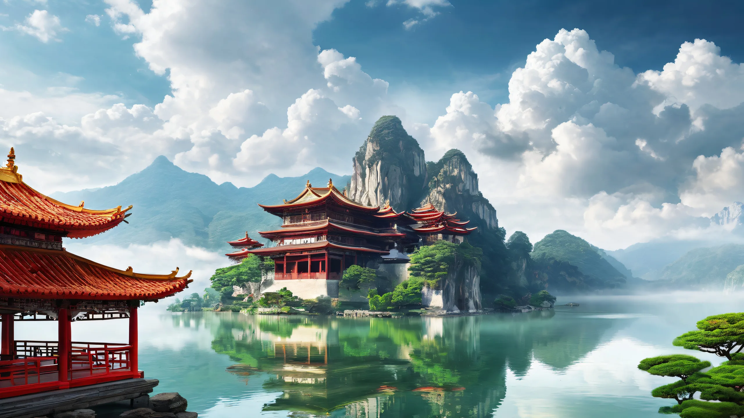 A breathtaking desktop image of a monastery set against a serene landscape with misty clouds and extreme depth of field, suitable for PC or Desktop use.