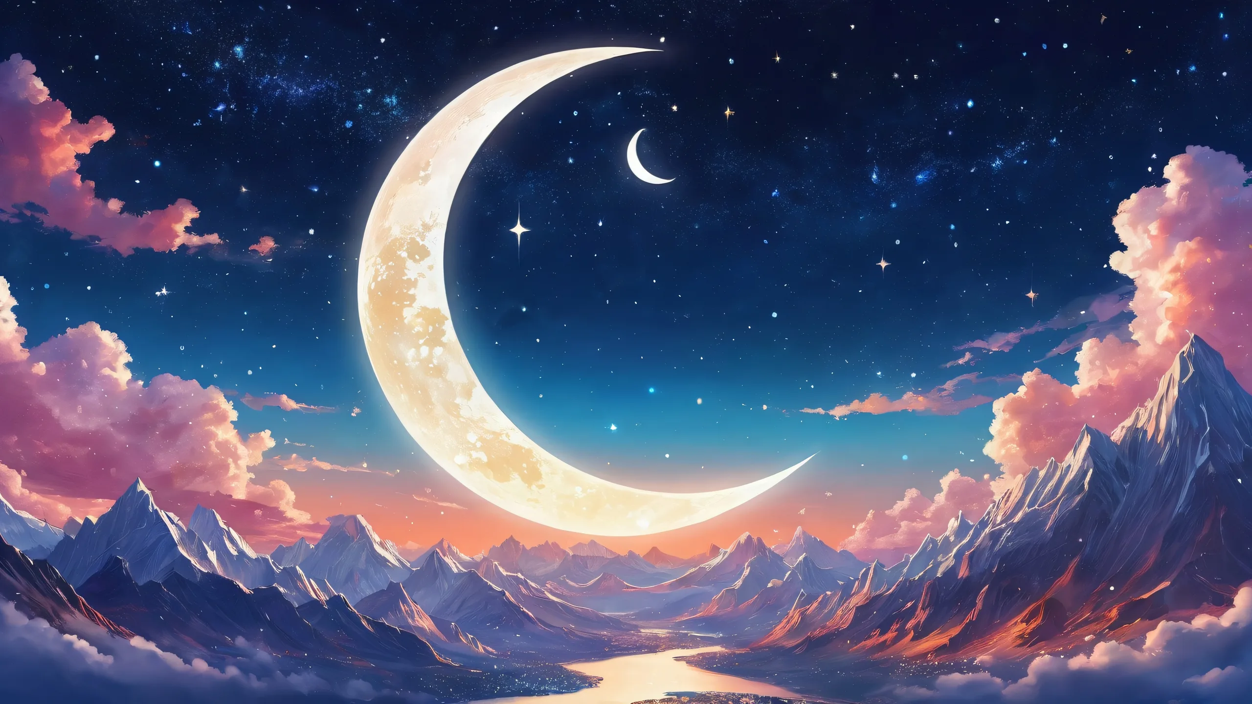 A stunning desktop image of PunkAngel's ethereal artwork featuring a crescent moon in the night sky, surrounded by glittering bokeh and an expanse of pure void, perfect for your desktop/PC.