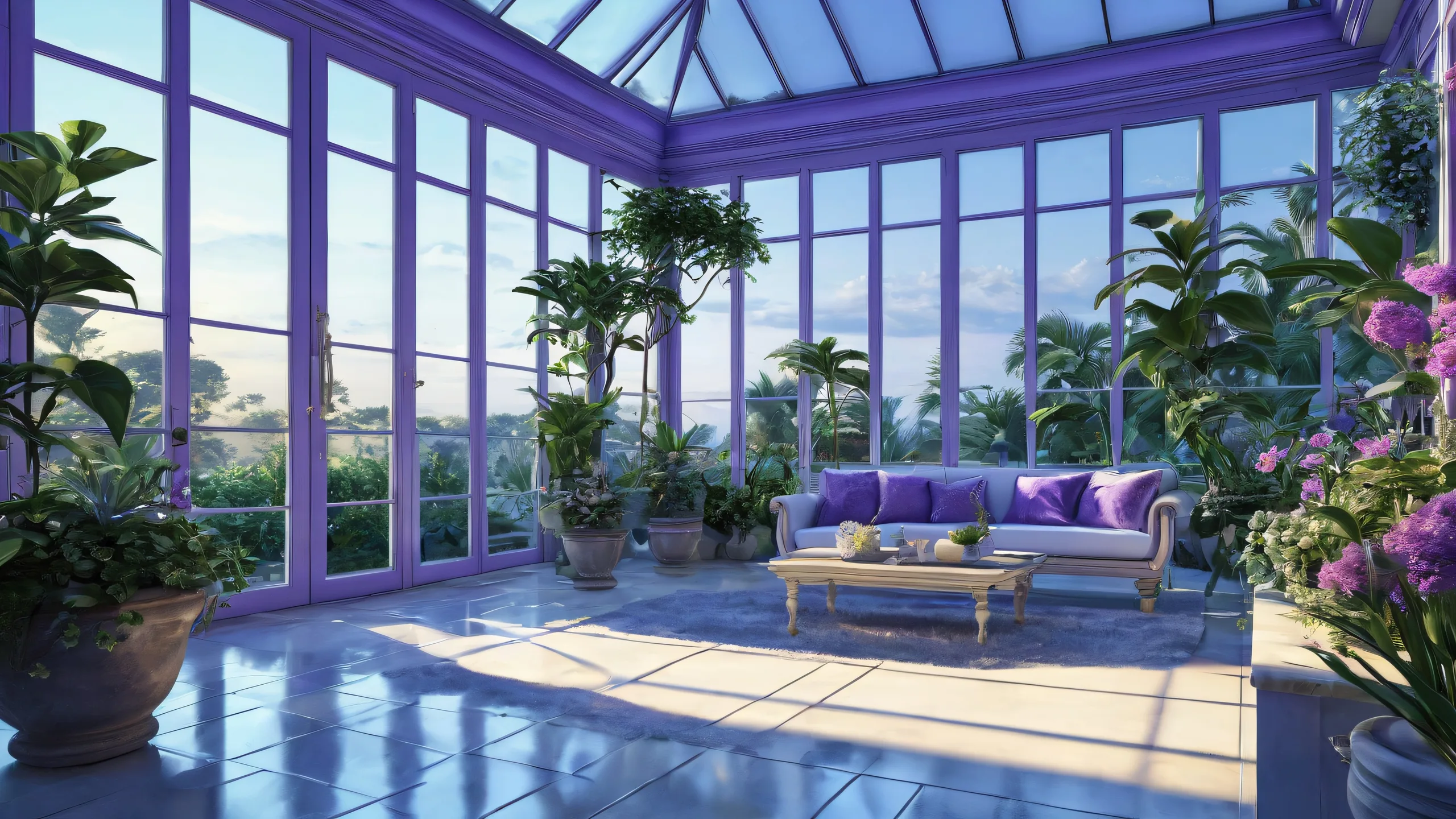 A serene and peaceful desktop wallpaper featuring a moonlit conservatory with intricate details and textures, perfect for your Desktop/PC.