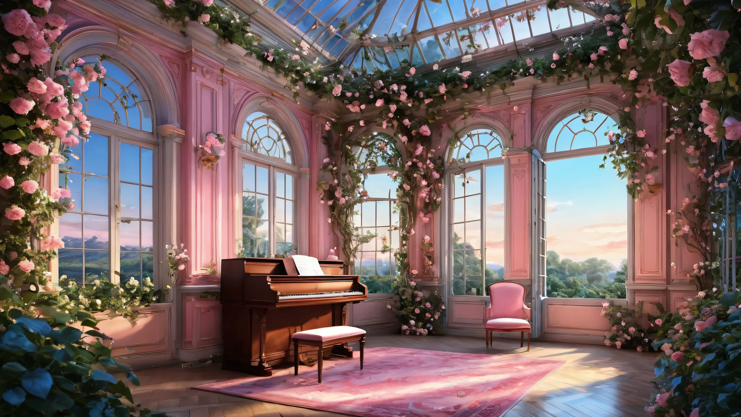 Forgotten conservatory with vines and tendrils under a moonlit atmosphere on a desktop/pc wallpaper.