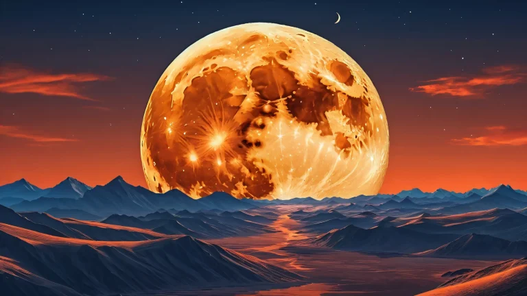 A serene desktop wallpaper featuring a stunning full moon and orange sky set against a vast pure void.