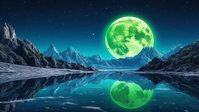 A stunning desktop image of the moon against a black void, with neon green accents and brilliant blue hues. Perfect for a Desktop/PC.