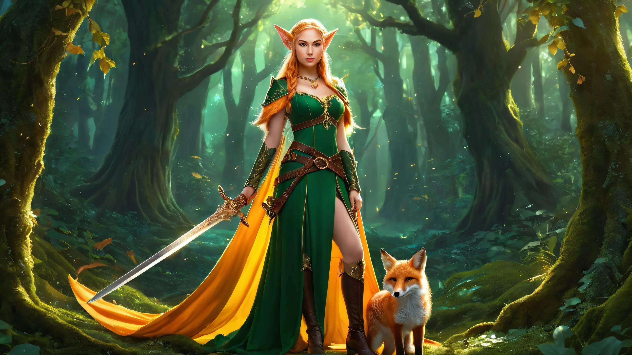 Stunning Moonlit Enchantress of Whispering Woods Wallpaper Elf girl with sword and fox standing in a mystical forest at night, perfect for desktop/pc wallpapers.