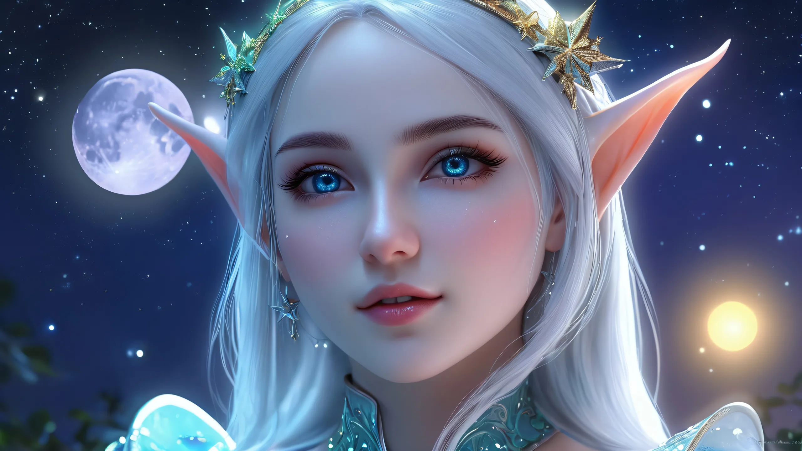 Elf Girl surrounded by Moon and stars on a pristine desktop/PC void background
