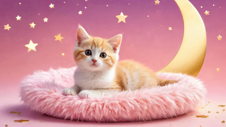 A whimsical desktop image of a kitten with crescent moon body set against a vast, pure void, perfect for PC or Desktop use.