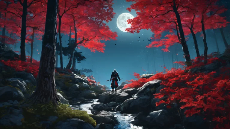 Ethereal moonlit forest scene with Yasuke and Assassin's Creed characters on a desktop or PC.
