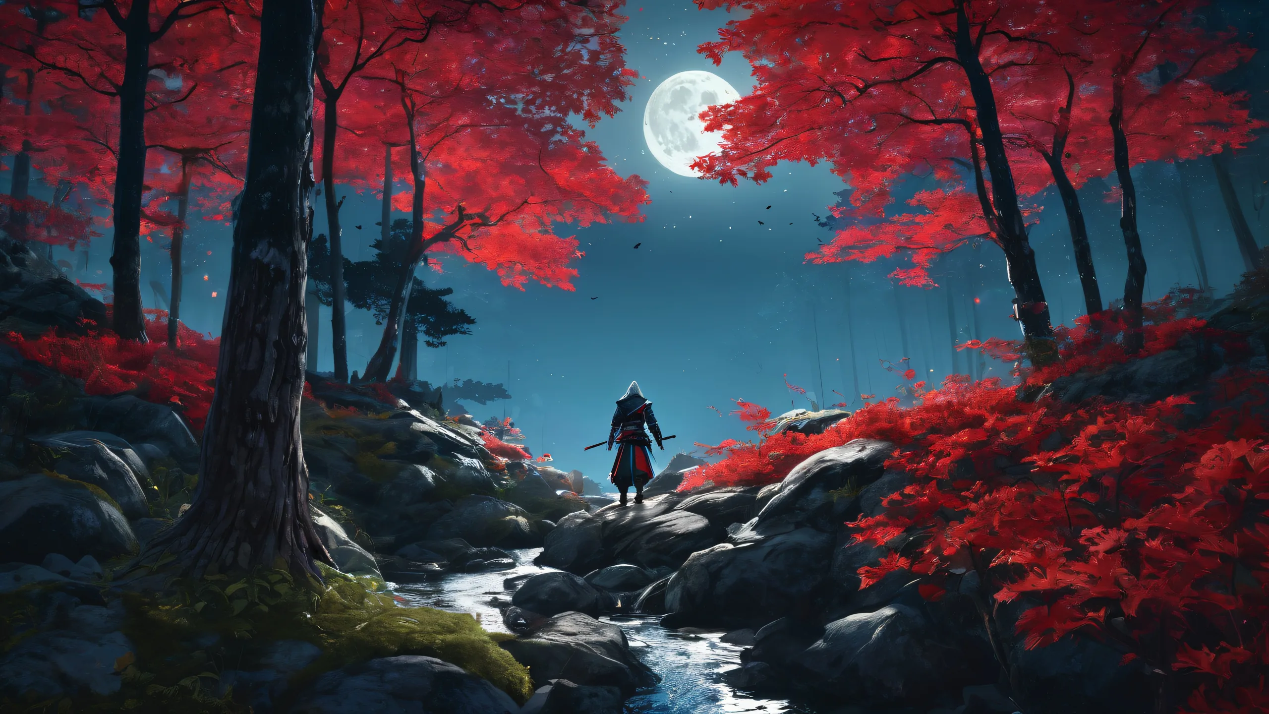 Moonlit Forest Odyssey 4K UHD Wallpaper Ethereal moonlit forest scene with Yasuke and Assassin's Creed characters on a desktop or PC.