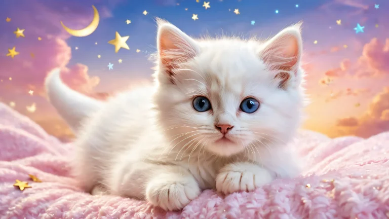 A serene desktop scene featuring a kitten on a soft bed amidst a vast void, with a crescent moon, clouds, and stars in the background. Suitable for Desktop/PC use.
