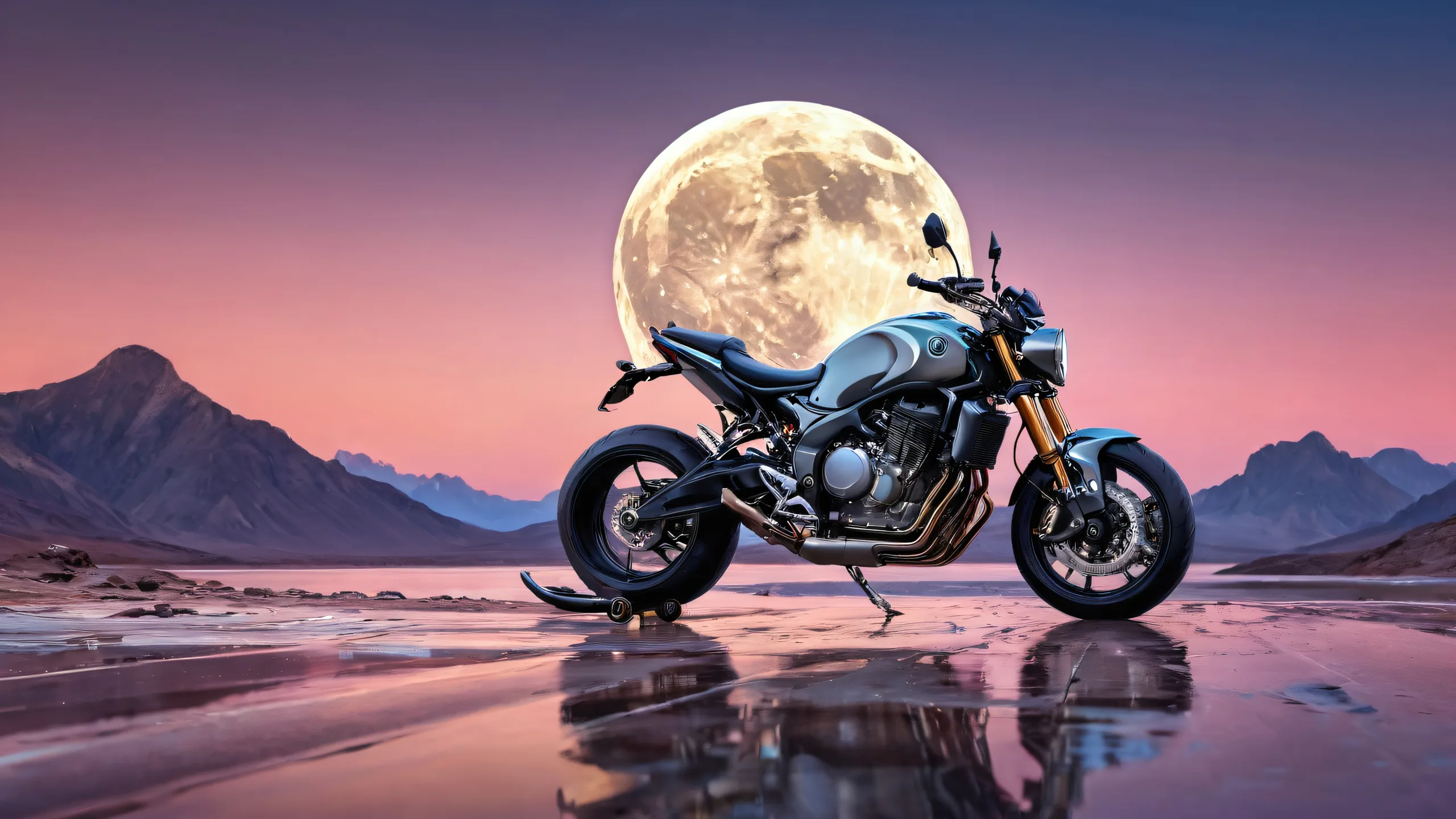 Moonlit Motorcycle Odyssey Aesthetic PC Wallpaper Desktop/PC wallpaper featuring a stunning moon and motorcycle scene with ethereal lighting and brilliant colors.