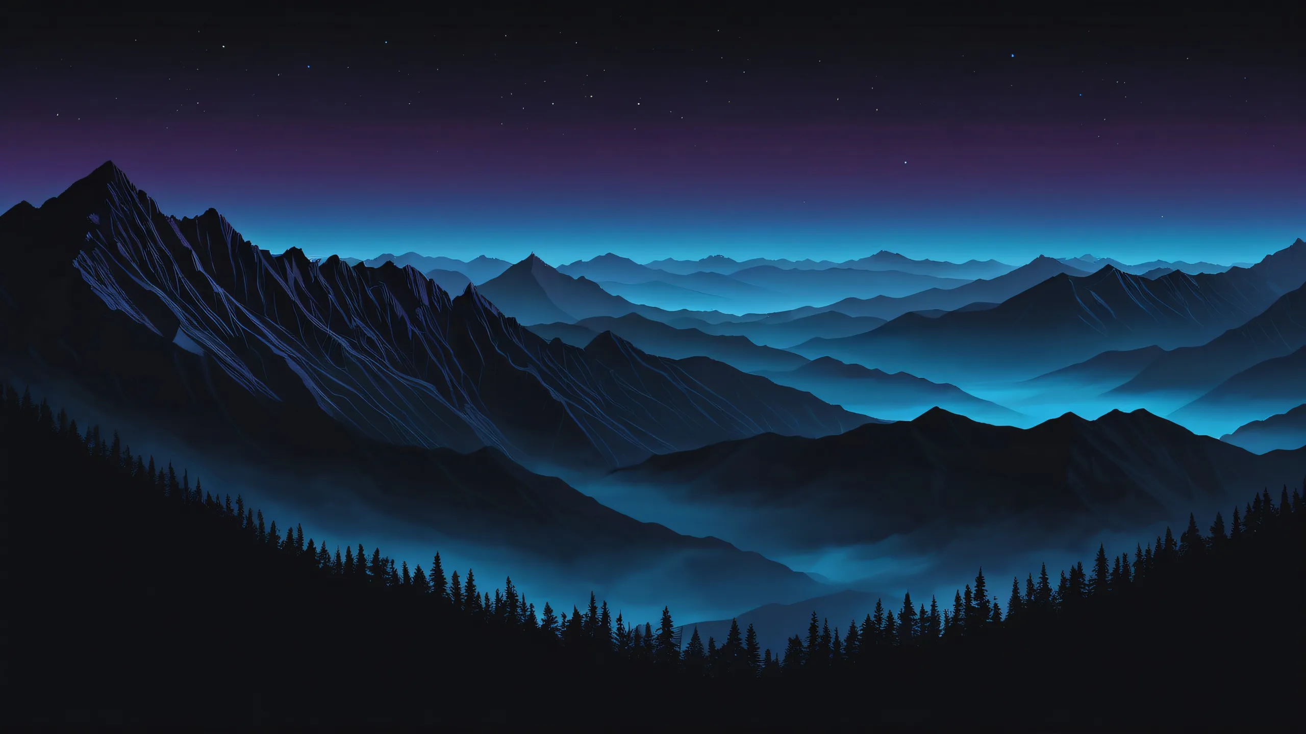 Breathtaking desktop wallpaper of mountain silhouettes against a deep purple and soft blue night sky with fog and stars on a dark mode desktop for PC or Mac.