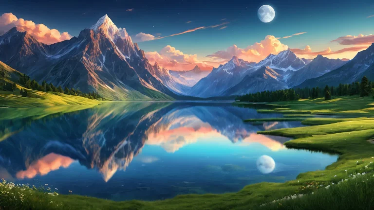Ethereal moonlight illuminates a majestic mountain range on your desktop/PC with clouds and lake in the background.