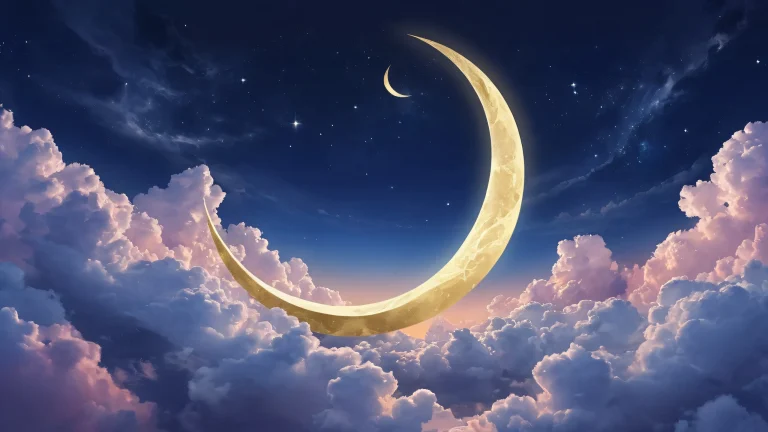 A desktop wallpaper featuring a mystical fairy surrounded by swirling clouds and an intricate crescent moon on a vast, reine Leere. Suitable for Desktop/PC.
