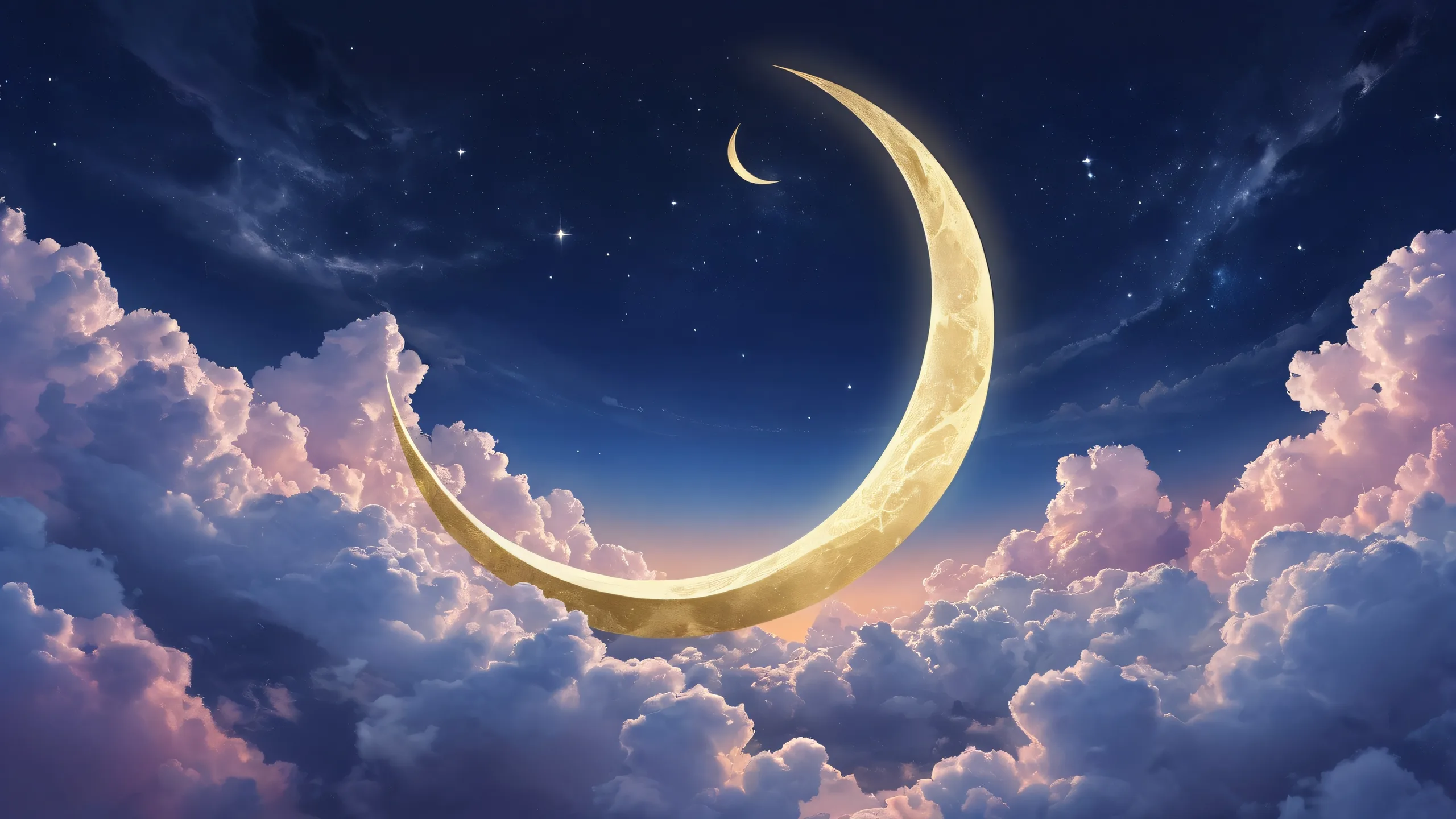 A desktop wallpaper featuring a mystical fairy surrounded by swirling clouds and an intricate crescent moon on a vast, pure void. Suitable for Desktop/PC.