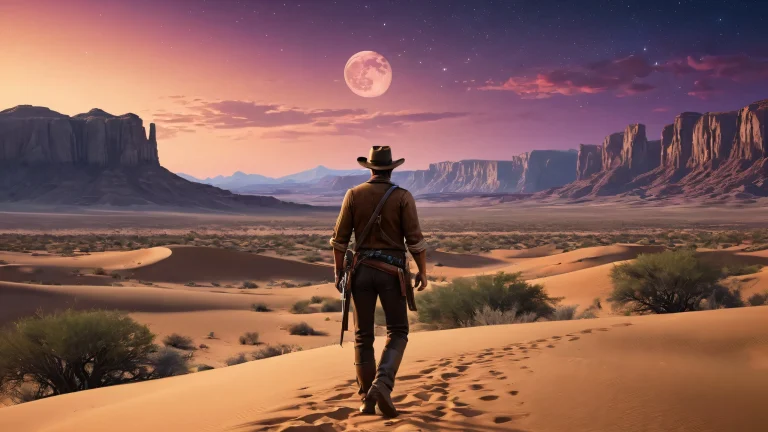 Arthur Morgan stands alone under the star-studded night sky, with a desert landscape stretching out before him. Desktop/PC.
