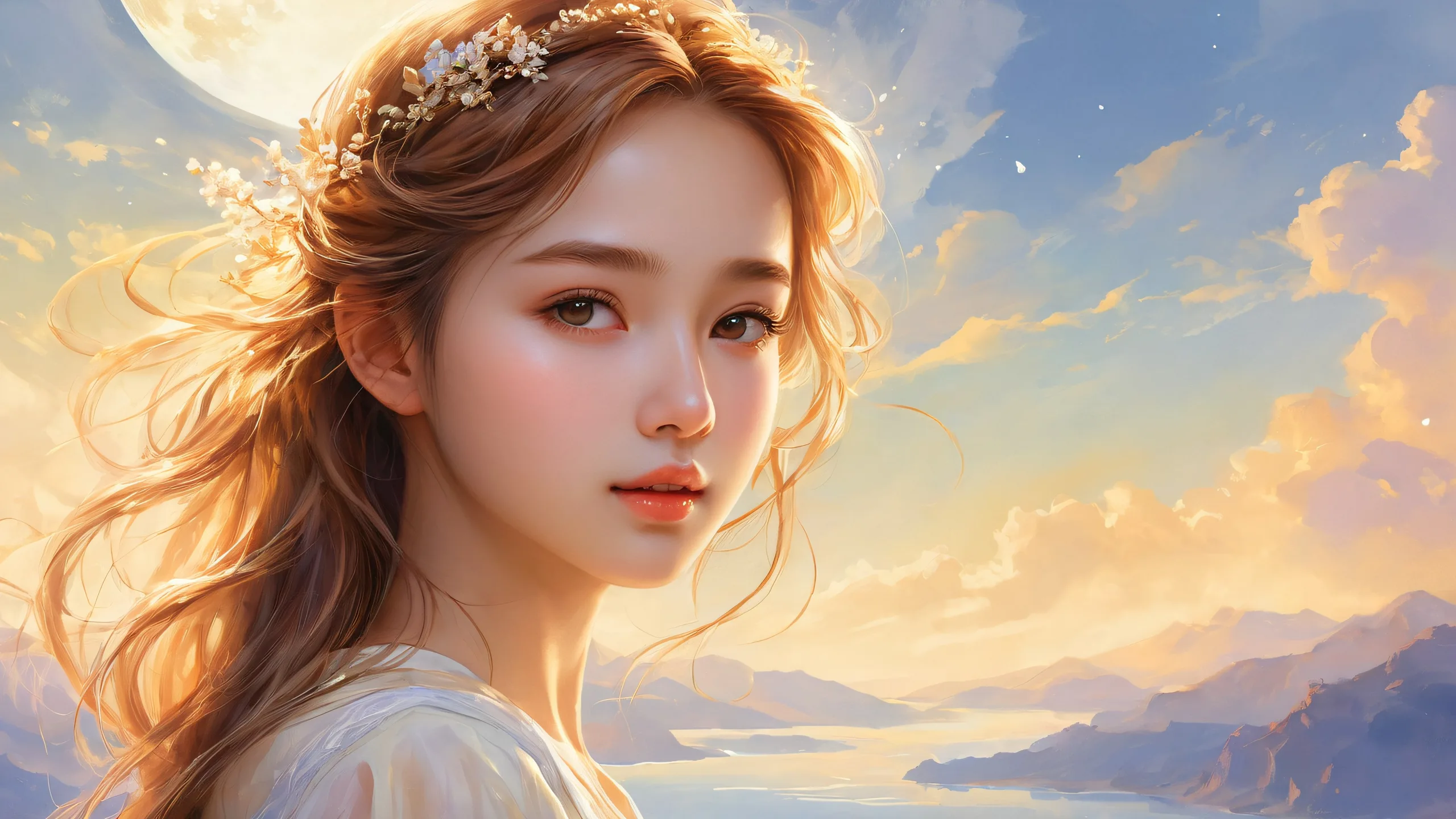 A stunning digital art piece featuring a girl in a serene, misty atmosphere with hints of moonlight on a pristine desktop/pc background.