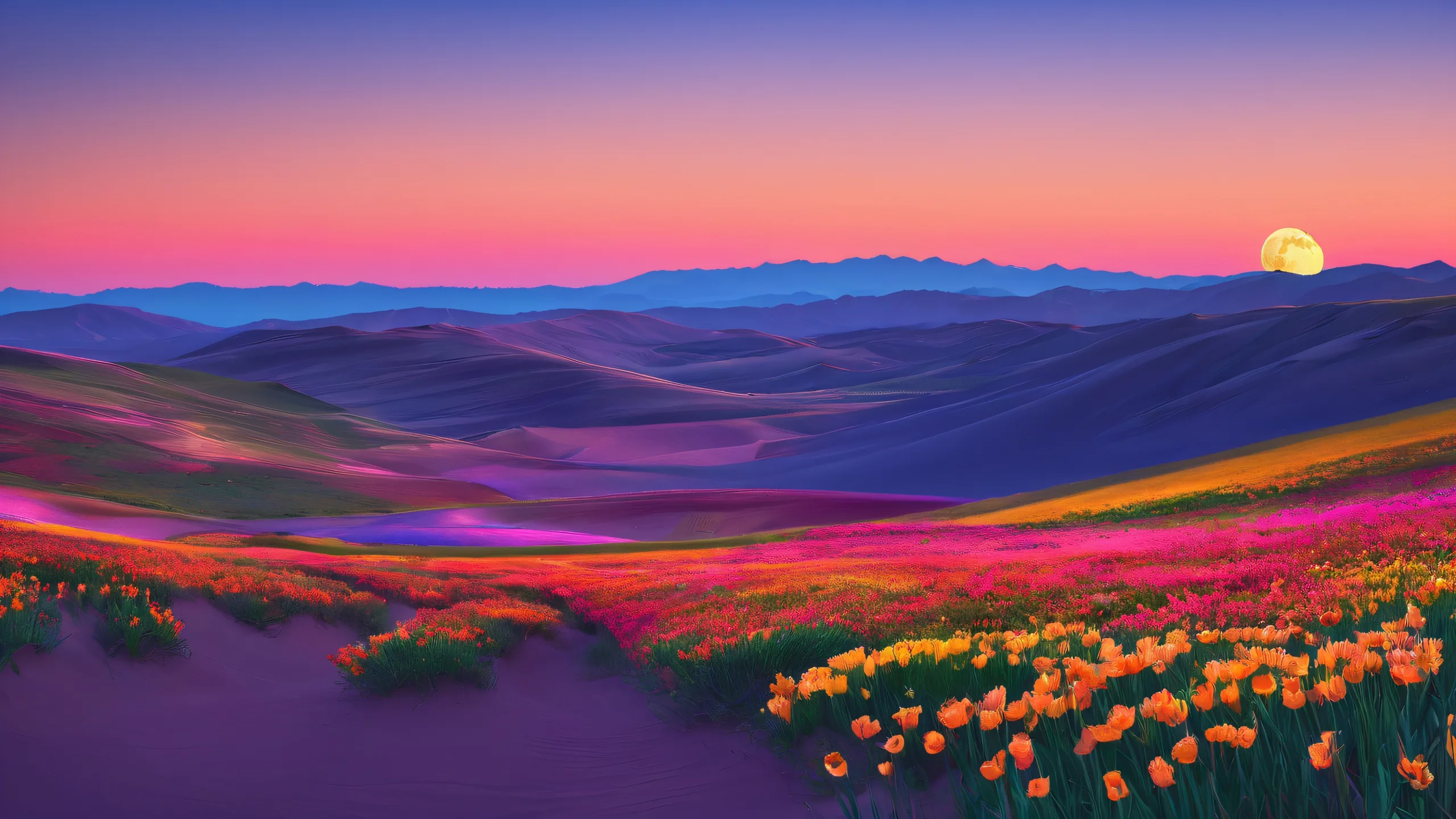 A stunning desktop wallpaper of a peaceful scene featuring protagonists on a vast pure void with a breathtaking moon and sunset landscape in the distance, perfect for Desktop/PC users.