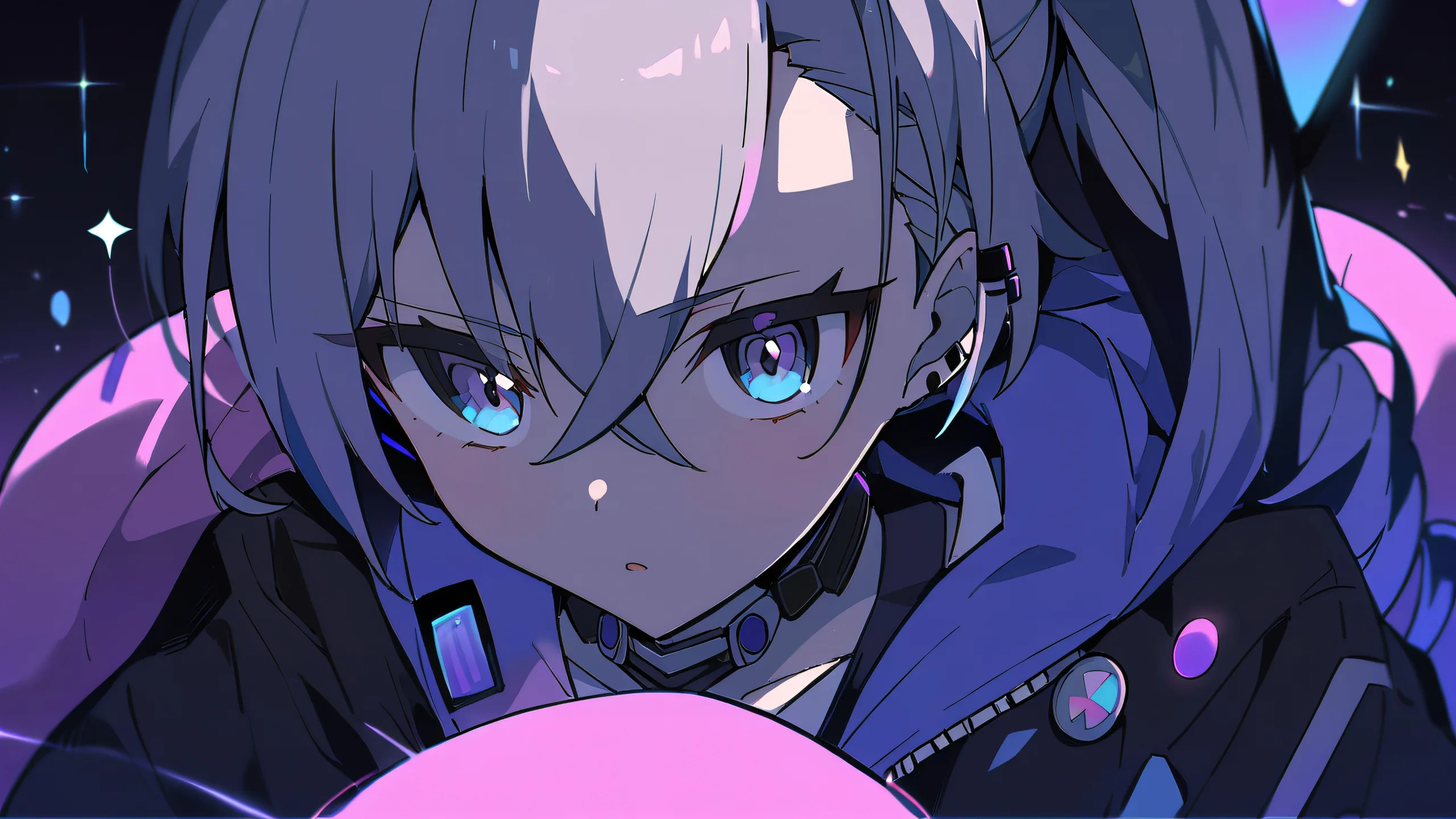 A girl gazes at the viewer from a serene void on a dark PC desktop