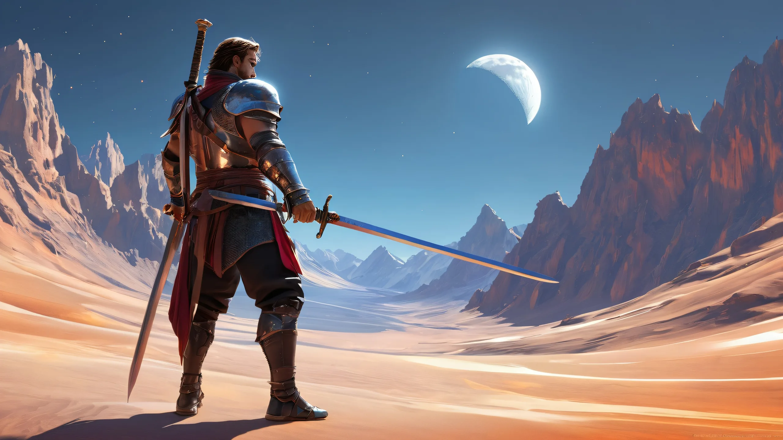 Ultra HD Moonlit Valor in Ethereal Depths Wallpaper Desktop/PC wallpaper featuring men with swords in a pure void with ethereal lighting and brilliant colors.