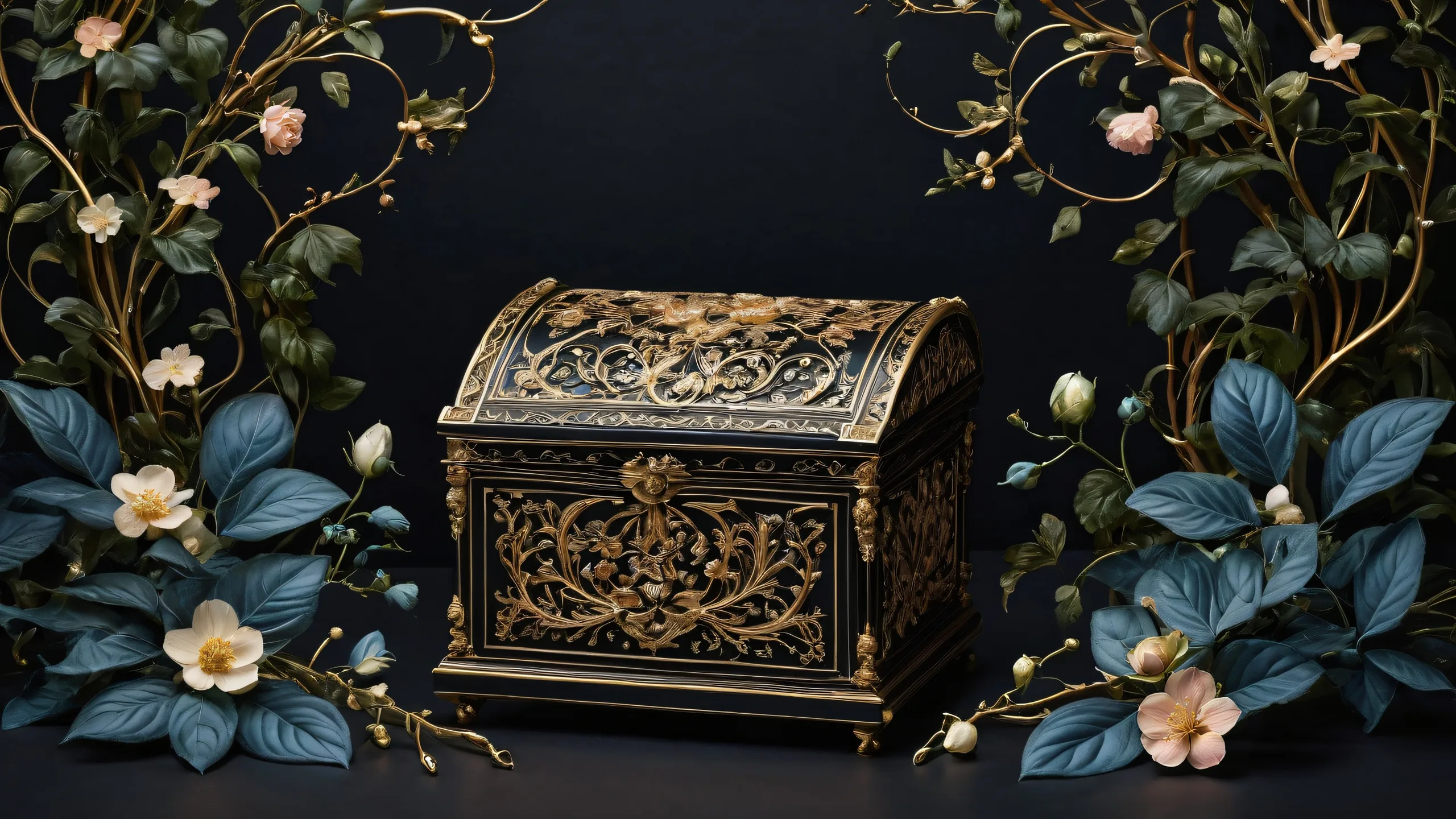 Breathtaking desktop wallpaper featuring a music box surrounded by vines and tendrils on a deep black background, perfect for Desktop/PC use.