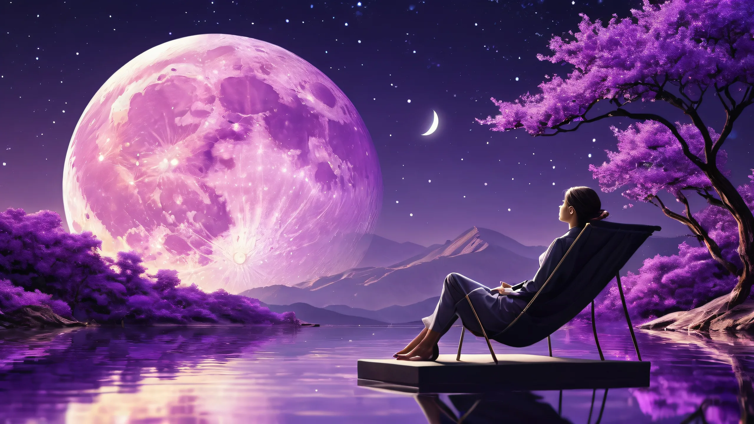 A figure sits lazily in a vast, pure void, surrounded by an ethereal atmosphere with a crescent moon and radiant colors. Suitable for desktop/pc use.