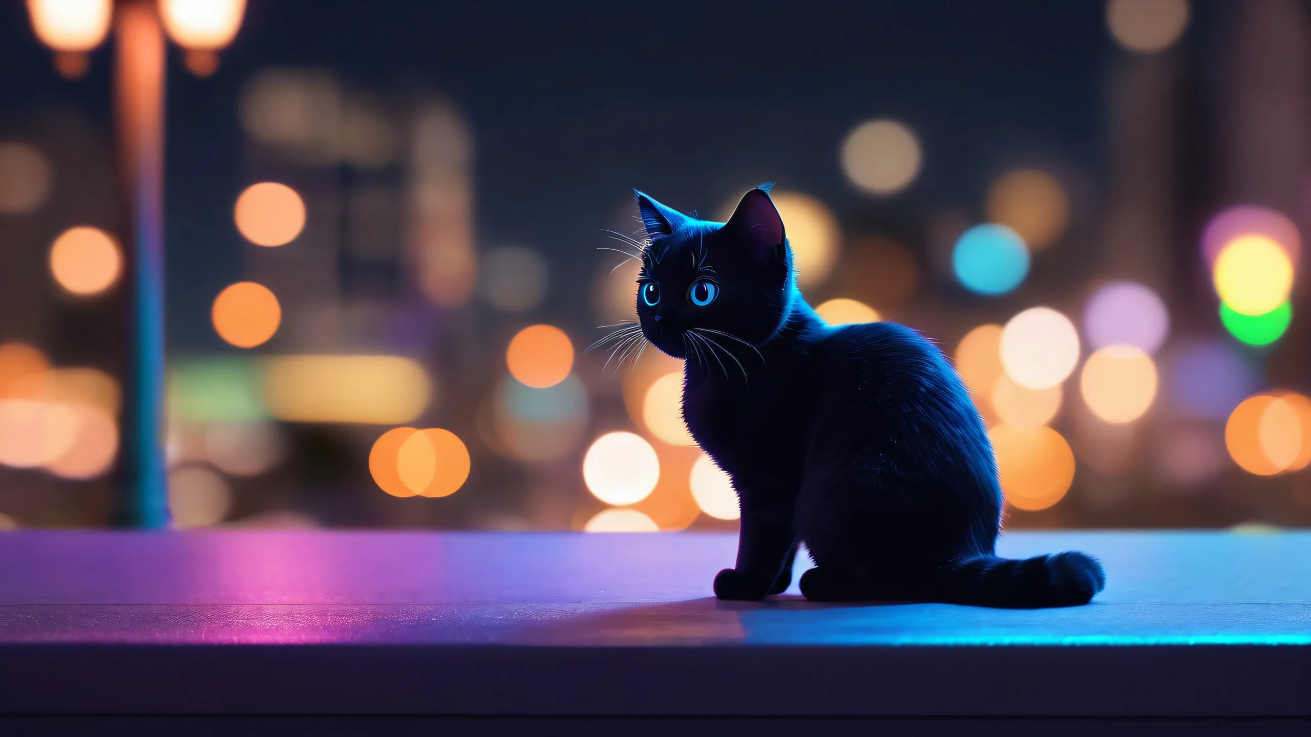 Epic Moonlit Whispers of Furry Shadows Desktop Wallpaper Breathtaking nighttime scene featuring Chibi Cat on a pure void background for Desktop/PC use.