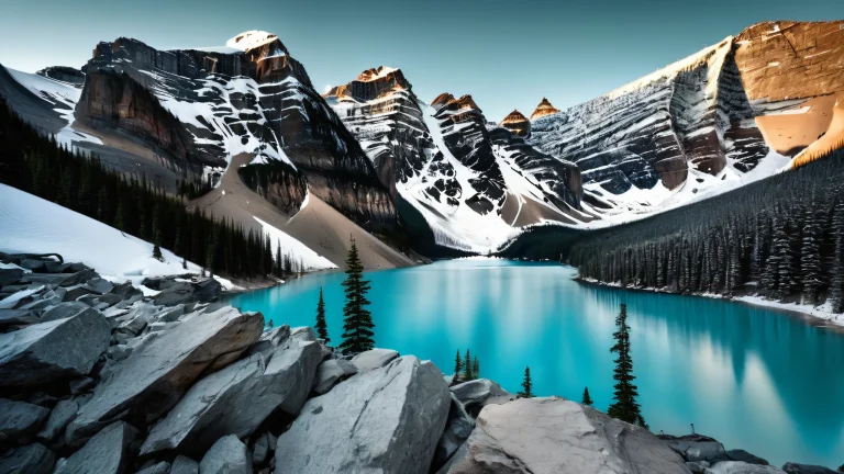 Breathtaking desktop wallpaper of Moraine Lake on a clean void background, デスクトップ/PCに最適