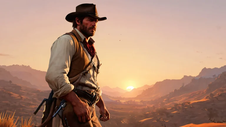 Arthur Morgan in a serene sunset landscape for Desktop/PC, perfect for calm and focused work.