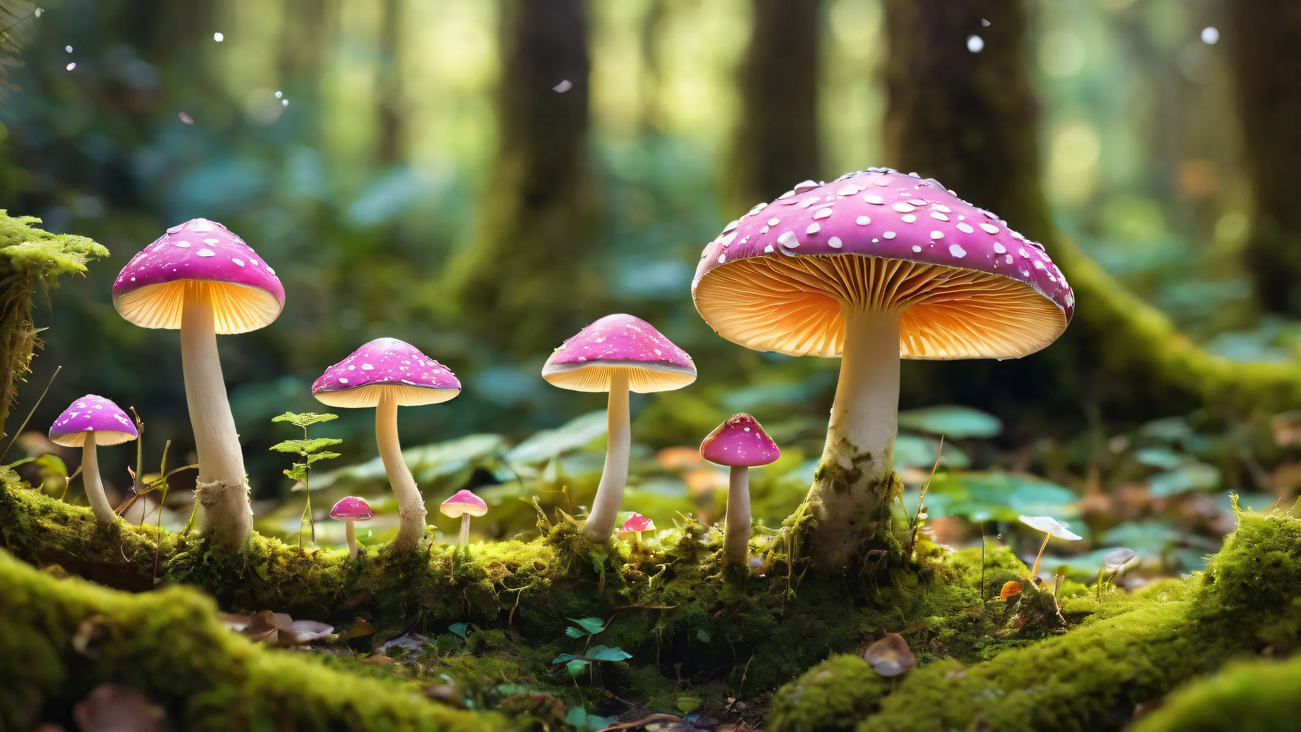 A breathtaking desktop wallpaper of Mushroom Spirit on a pristine void, featuring a mossy forest floor and ethereal lighting, suitable for Desktop/PC.