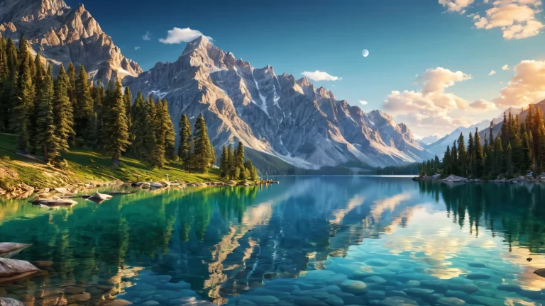 Serene mountain lake desktop background for PC and Desktop with crisp details and ethereal lighting.
