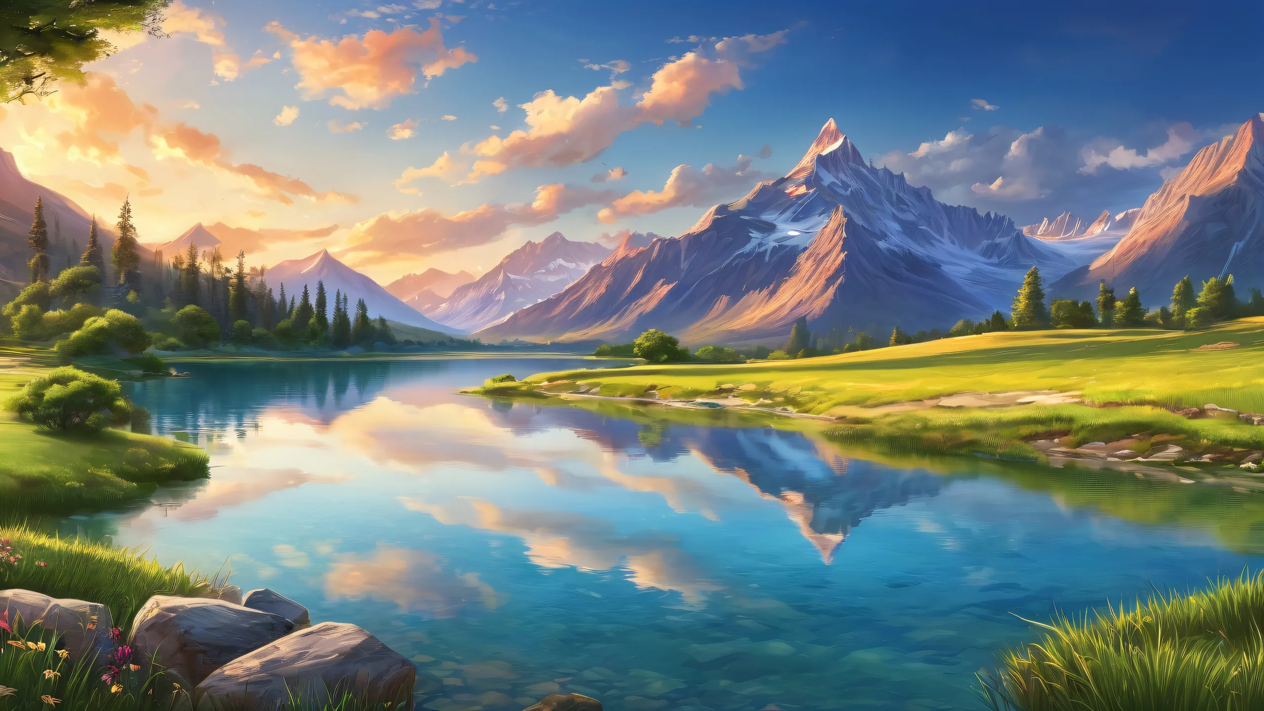 4K Ethereal Mountain Serenity Desktop Background Breathtaking desktop wallpaper of a mountain landscape with endless blue skies and fluffy white clouds on a Desktop/PC