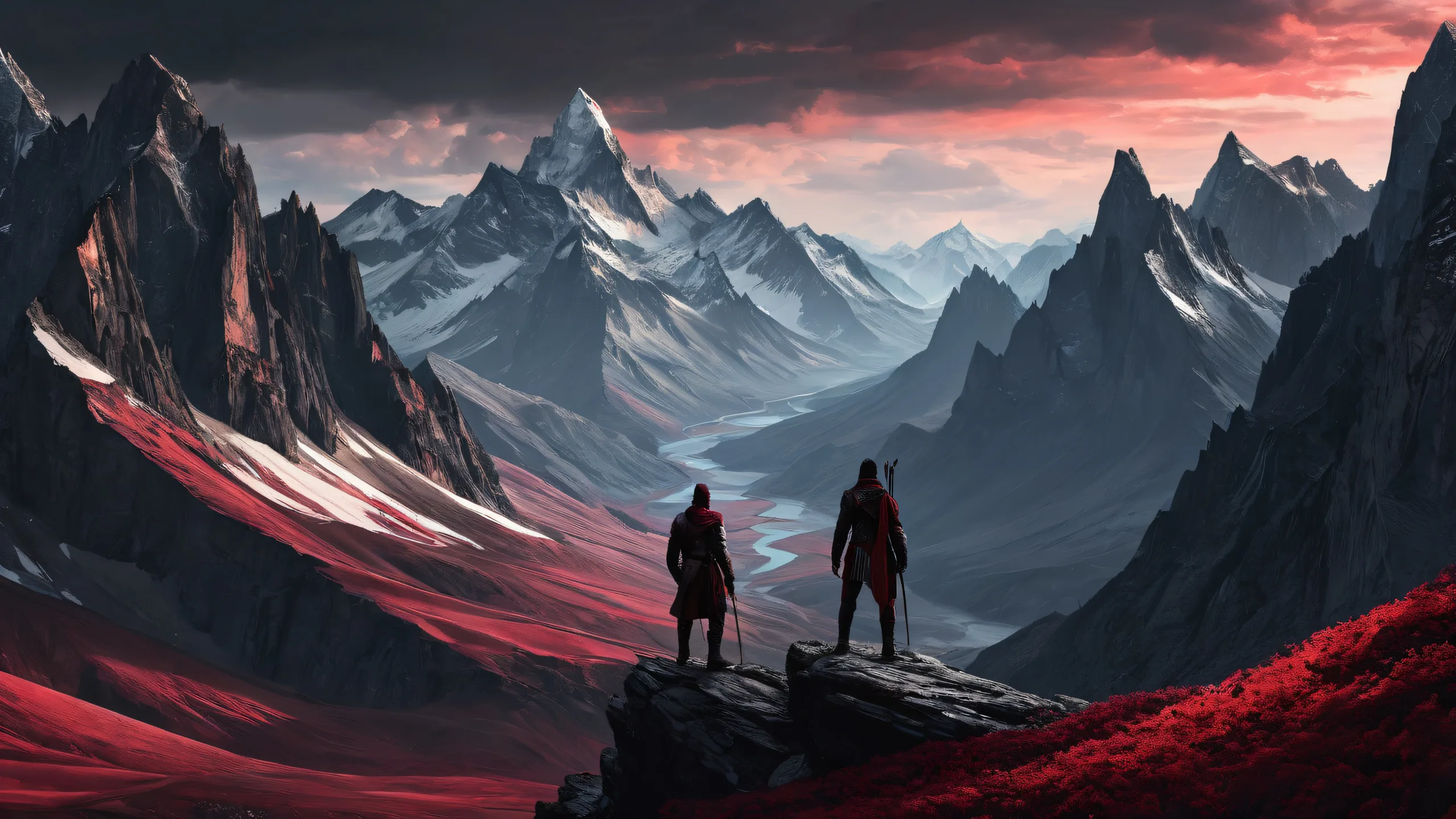 Two men standing in mountains, with a deep crimson and pearlescent white color scheme. Best for desktop or PC.