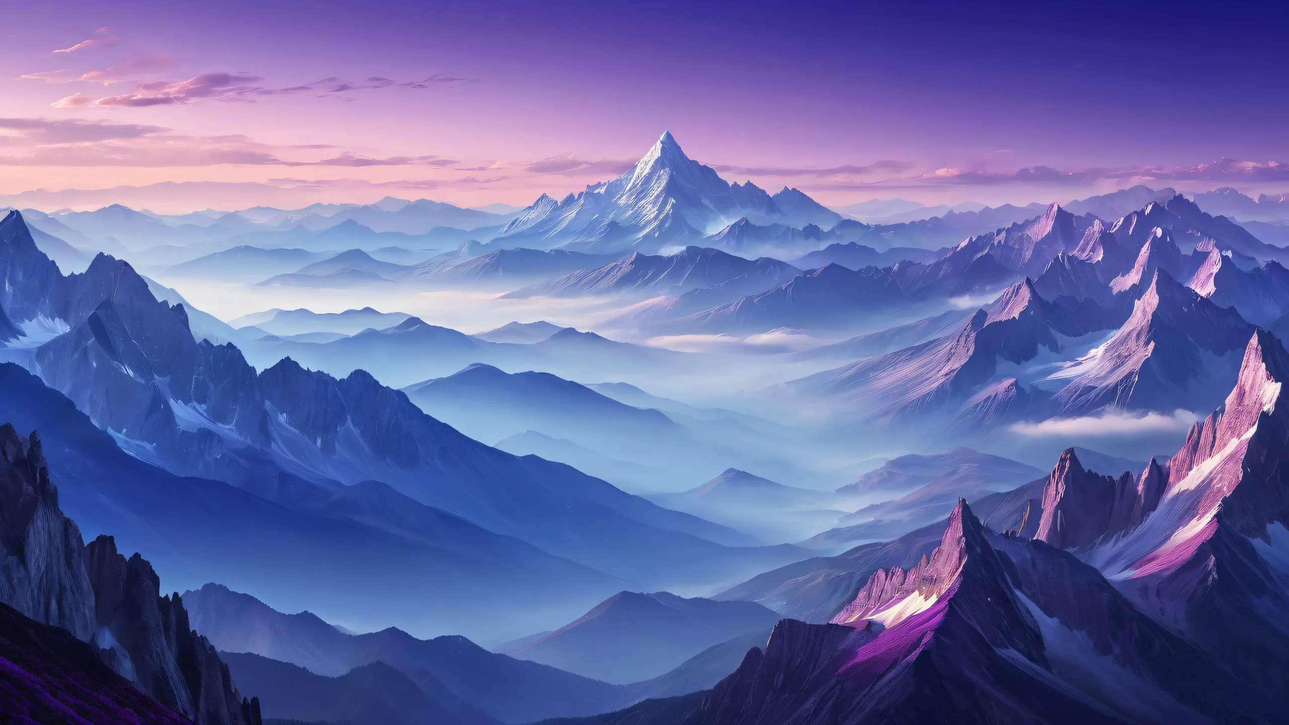 A serene desktop wallpaper featuring a mountain range with a deep valley filled with thick fog, perfect for your PC or Desktop.