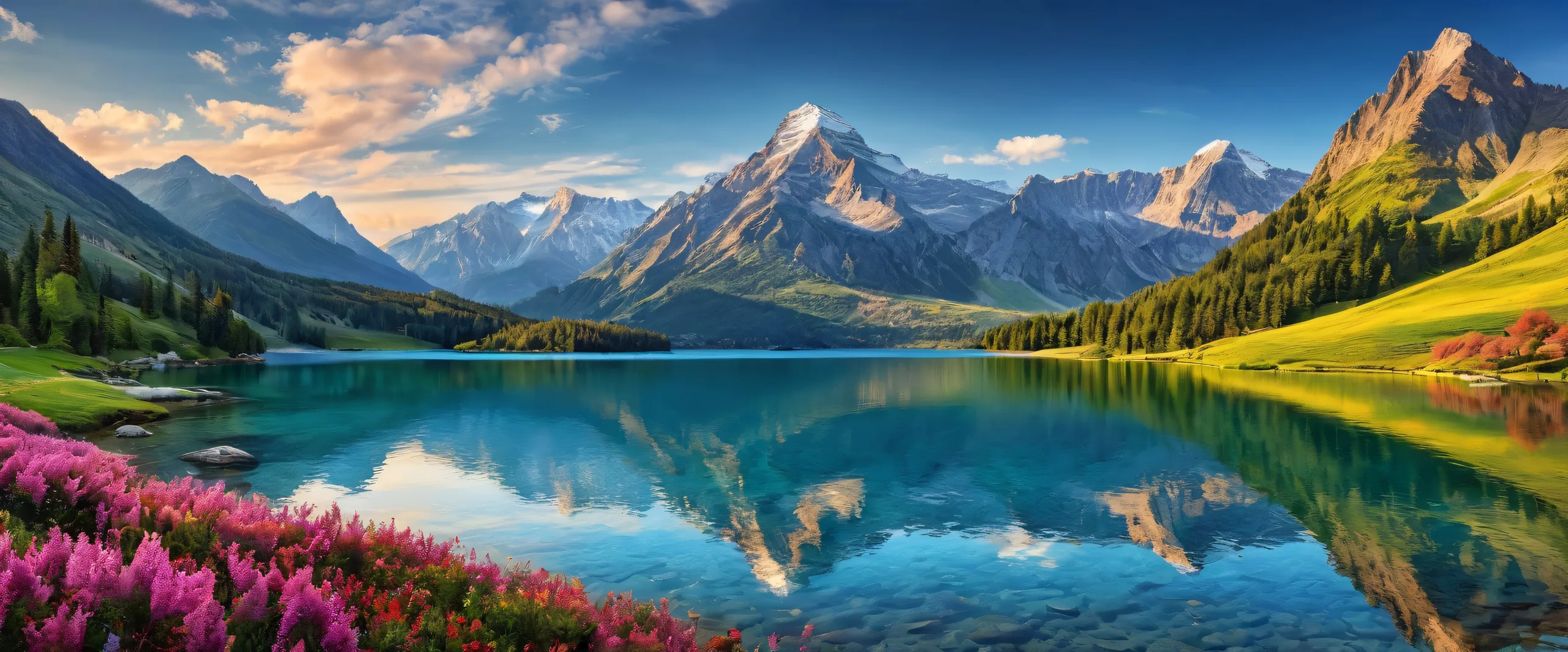 Serene mountain landscape on a desktop or PC with a pure void and lake in the distance.
