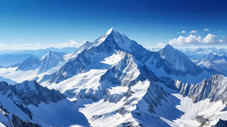 A breathtaking desktop wallpaper of Mountains against a brilliant blue sky with pristine clarity and ethereal lighting for Desktop/PC use.