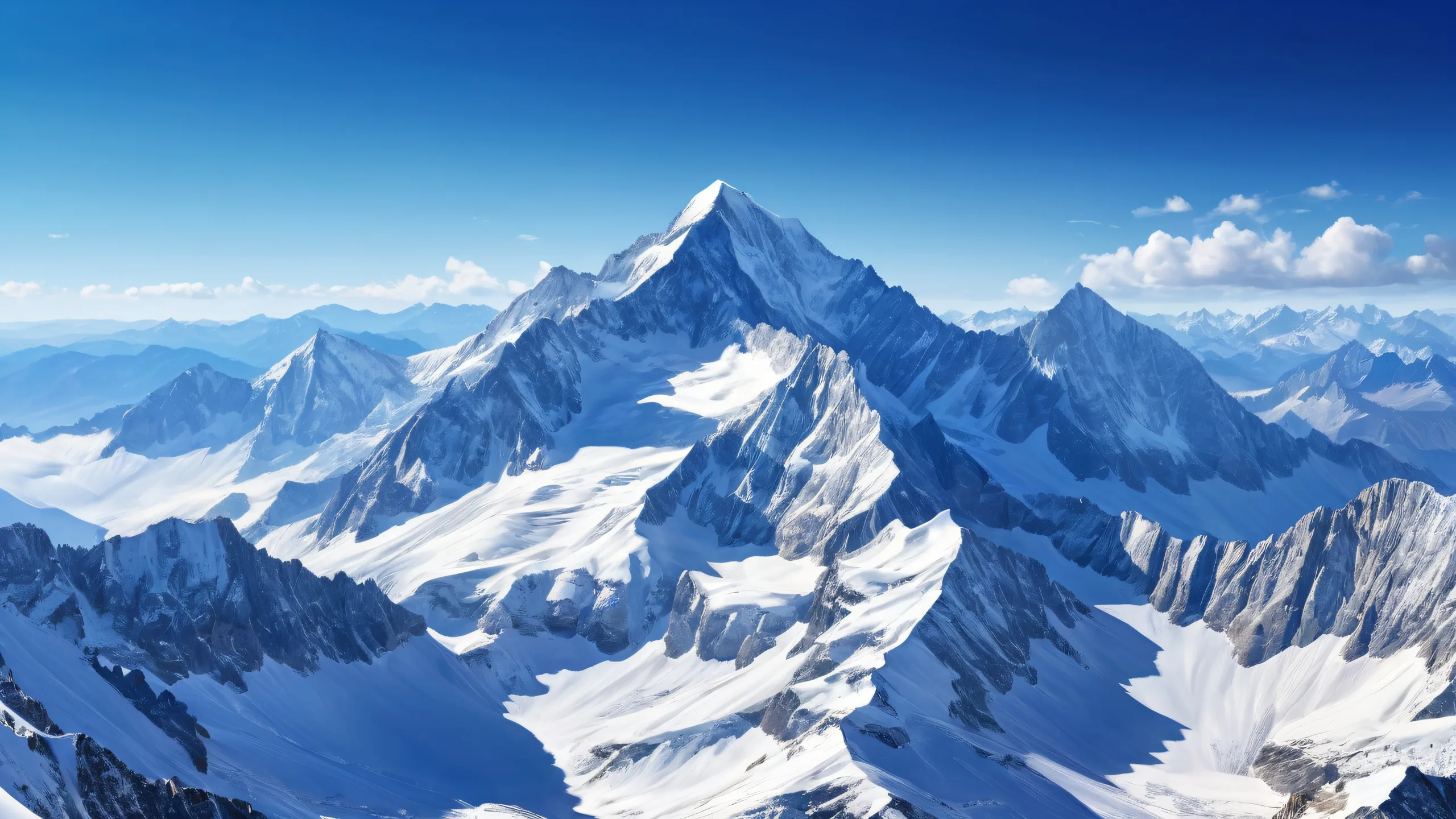 A breathtaking desktop wallpaper of Mountains against a brilliant blue sky with pristine clarity and ethereal lighting for Desktop/PC use.