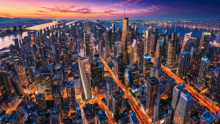 A serene cityscape on a pure void desktop background, perfect for PC or Desktop use.