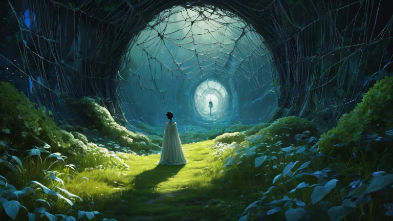 Mysterious figure standing in a perfectly clean vast pure void with cobwebs and dark humor elements on a Desktop/PC background.