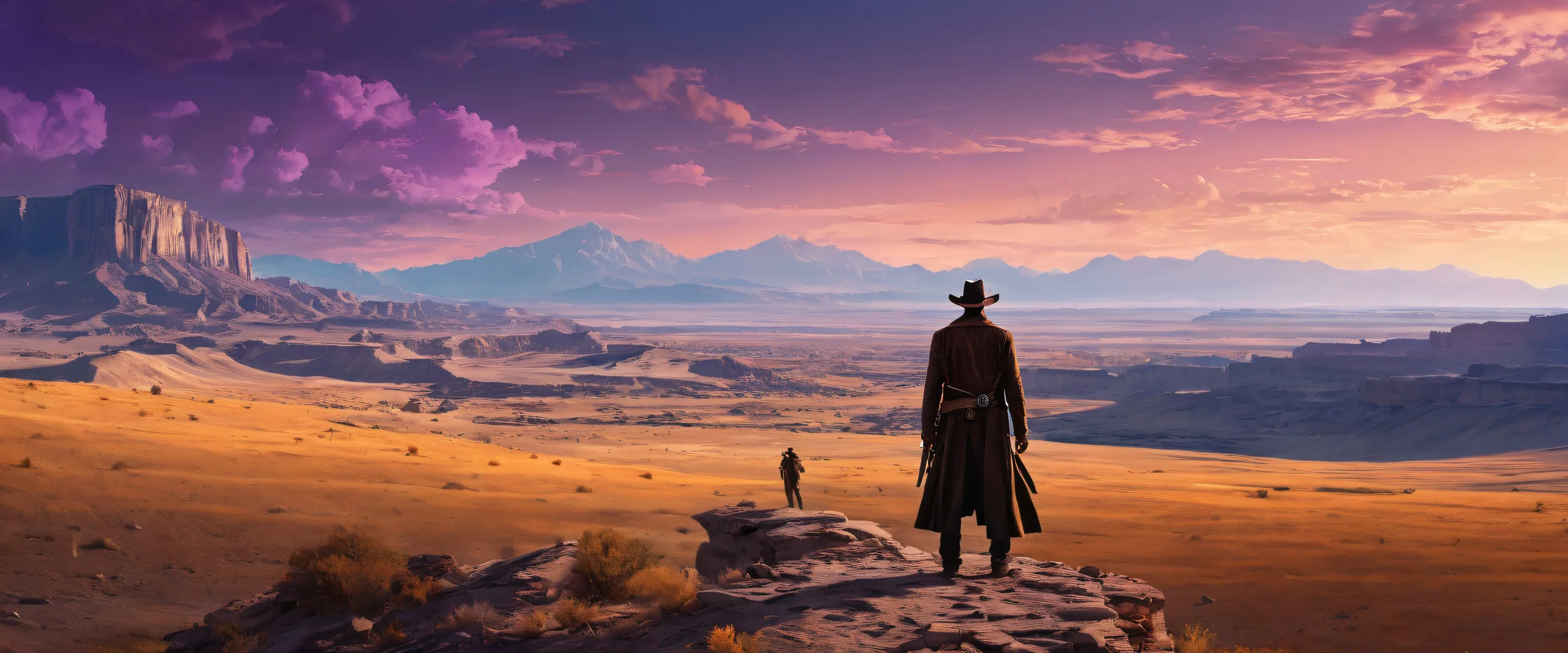 A mysterious gunslinger standing alone on a vast, pure void desktop background with abandoned town silhouettes in the distance for your PC or Desktop.