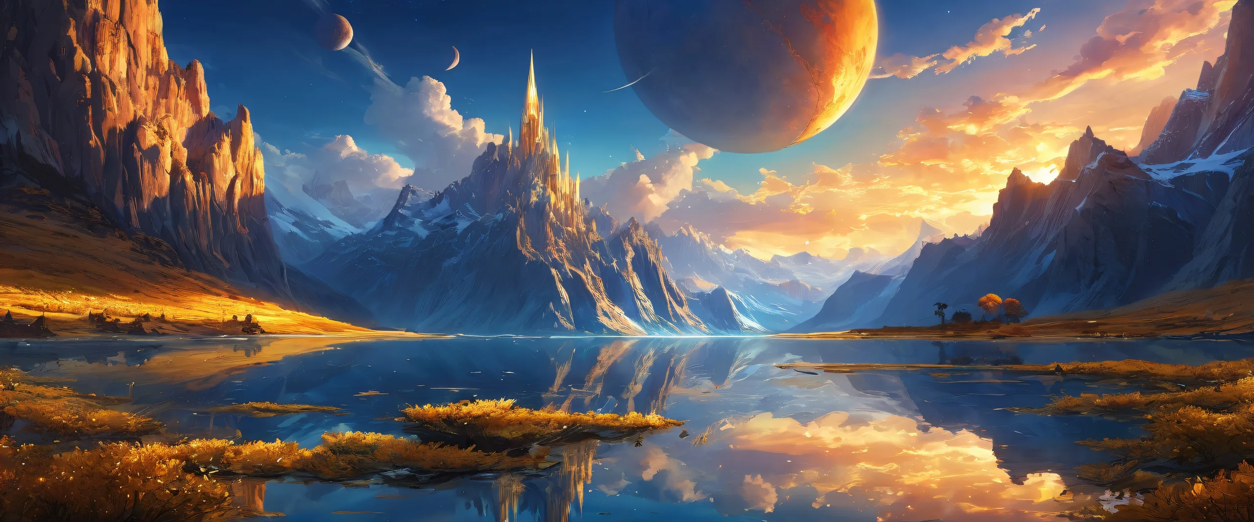 Breathtaking desktop wallpaper featuring a vast, pristine void with radiant colors and reflections on a dark blue and golden background, perfect for Desktop/PC.
