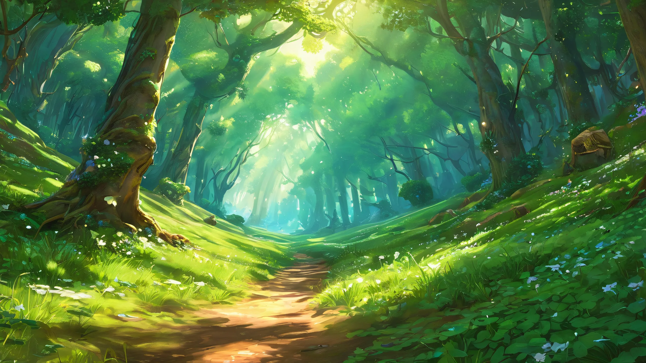 Link stands amidst a breathtakingly vast pure void, with a lush green forest canopy and mysterious shafts of light, ideal for desktop or PC use.