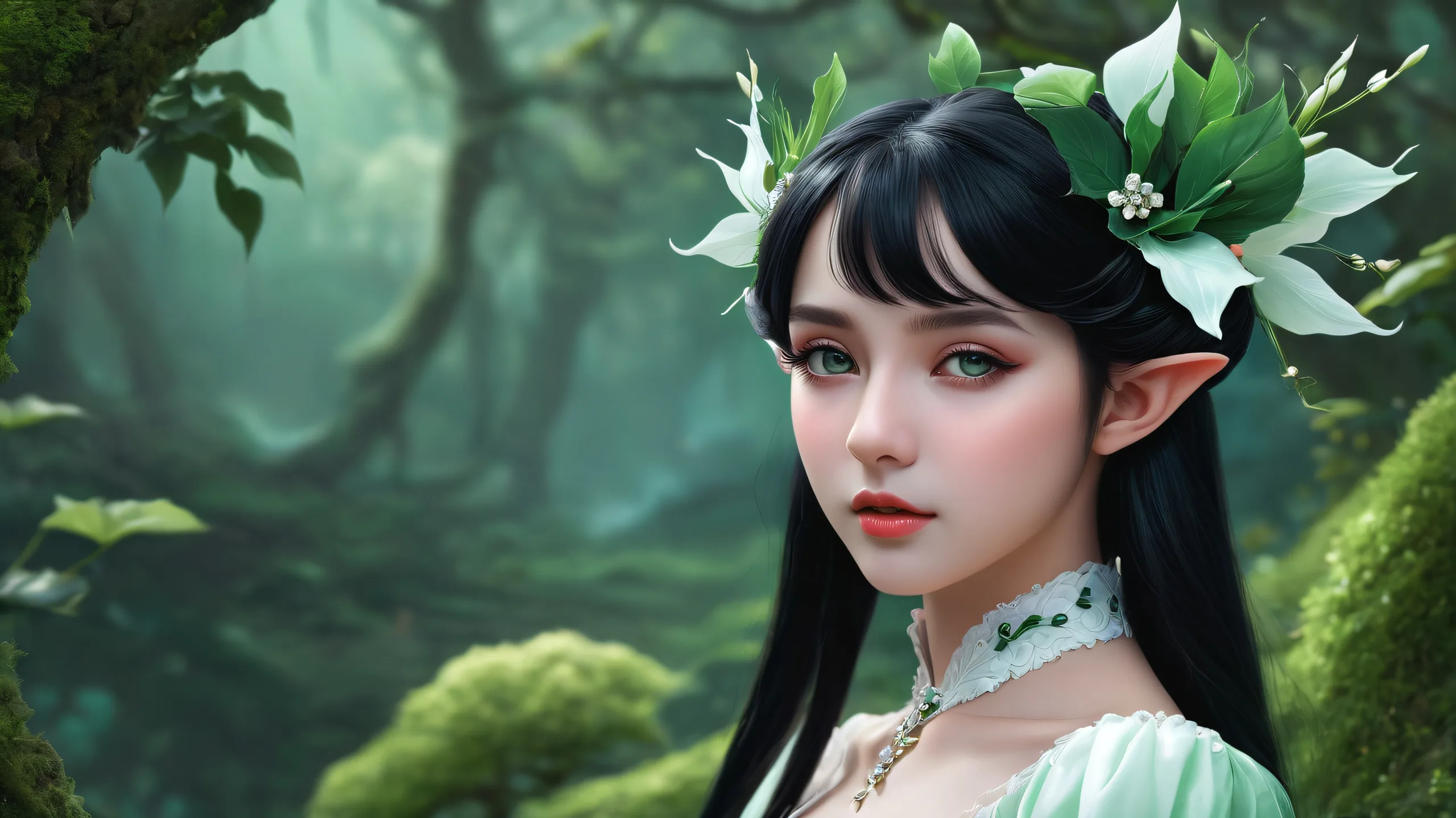 Stunning Mystic Forest Whisper Wallpaper Elf Maiden in a mystical forest on a dark mode desktop/pc for the perfect blend of fantasy and elegance.