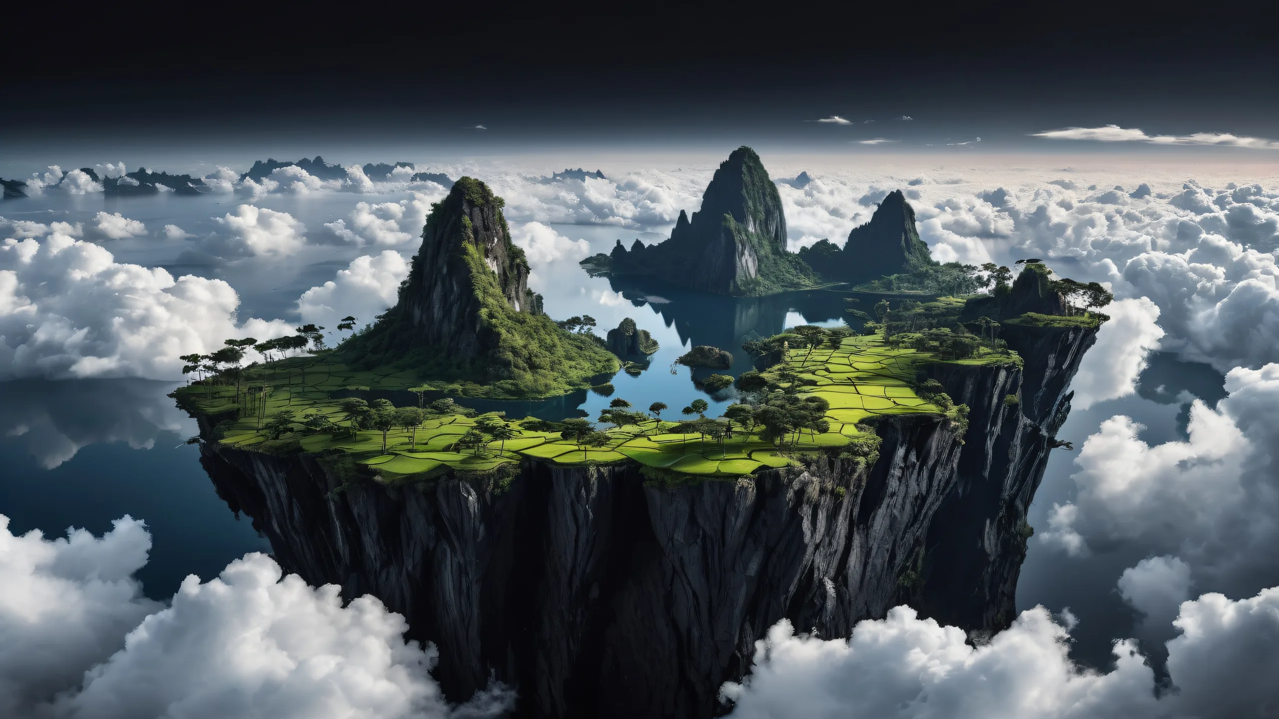 Floating islands suspended in a vast pure void amidst wispy clouds on a desktop or PC screen.