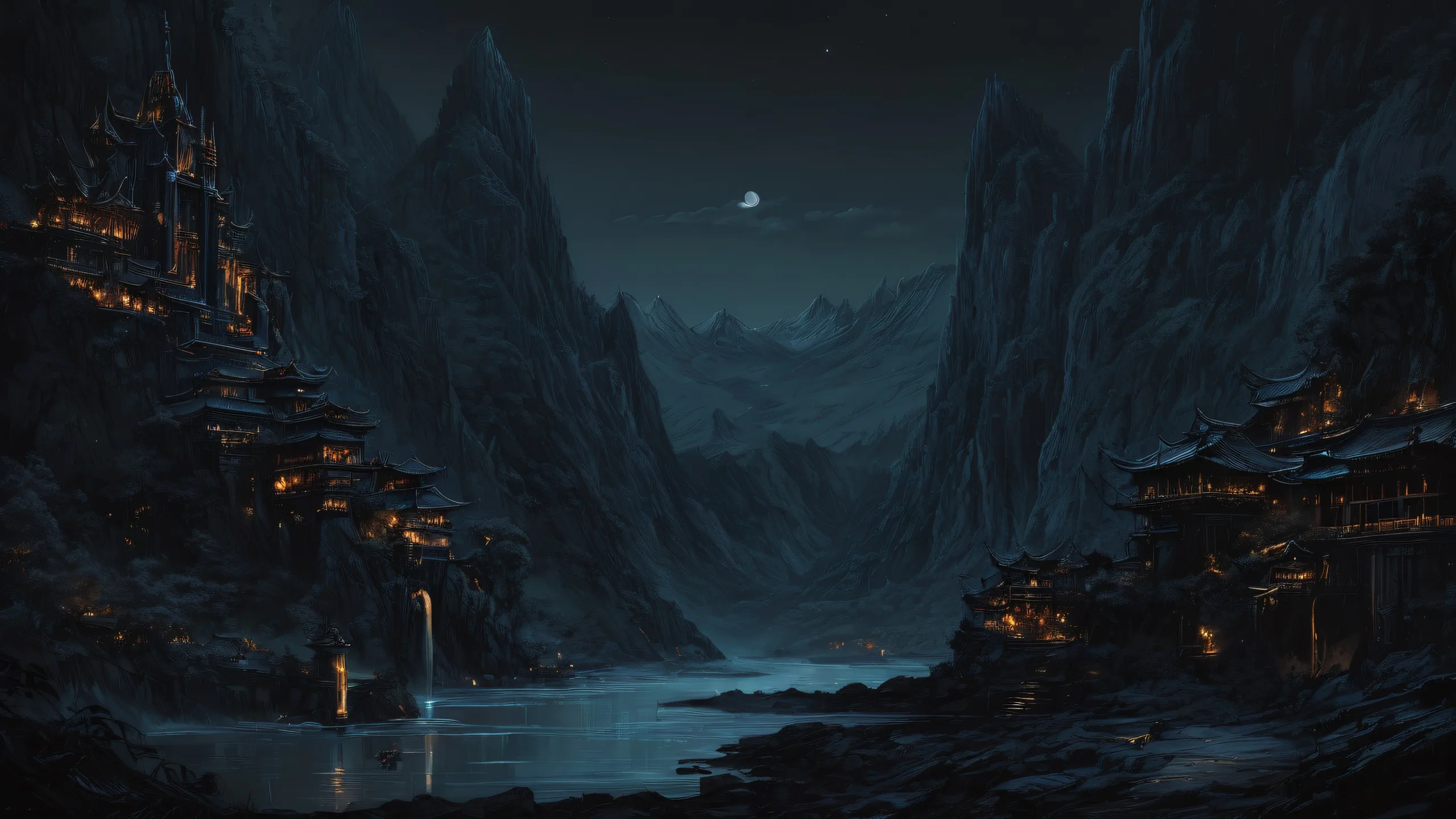 Mystic Maiden's Cosmic Oasis Aesthetic PC Wallpaper Elegant dark mode desktop wallpaper featuring Mystic Maiden amidst a vast pure void, perfect for PCs and Desktops.