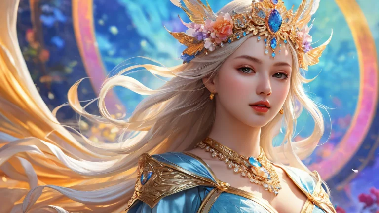 Mystical desktop wallpaper of a radiant maiden amidst a vast, void background. Suitable for Desktop/PC.