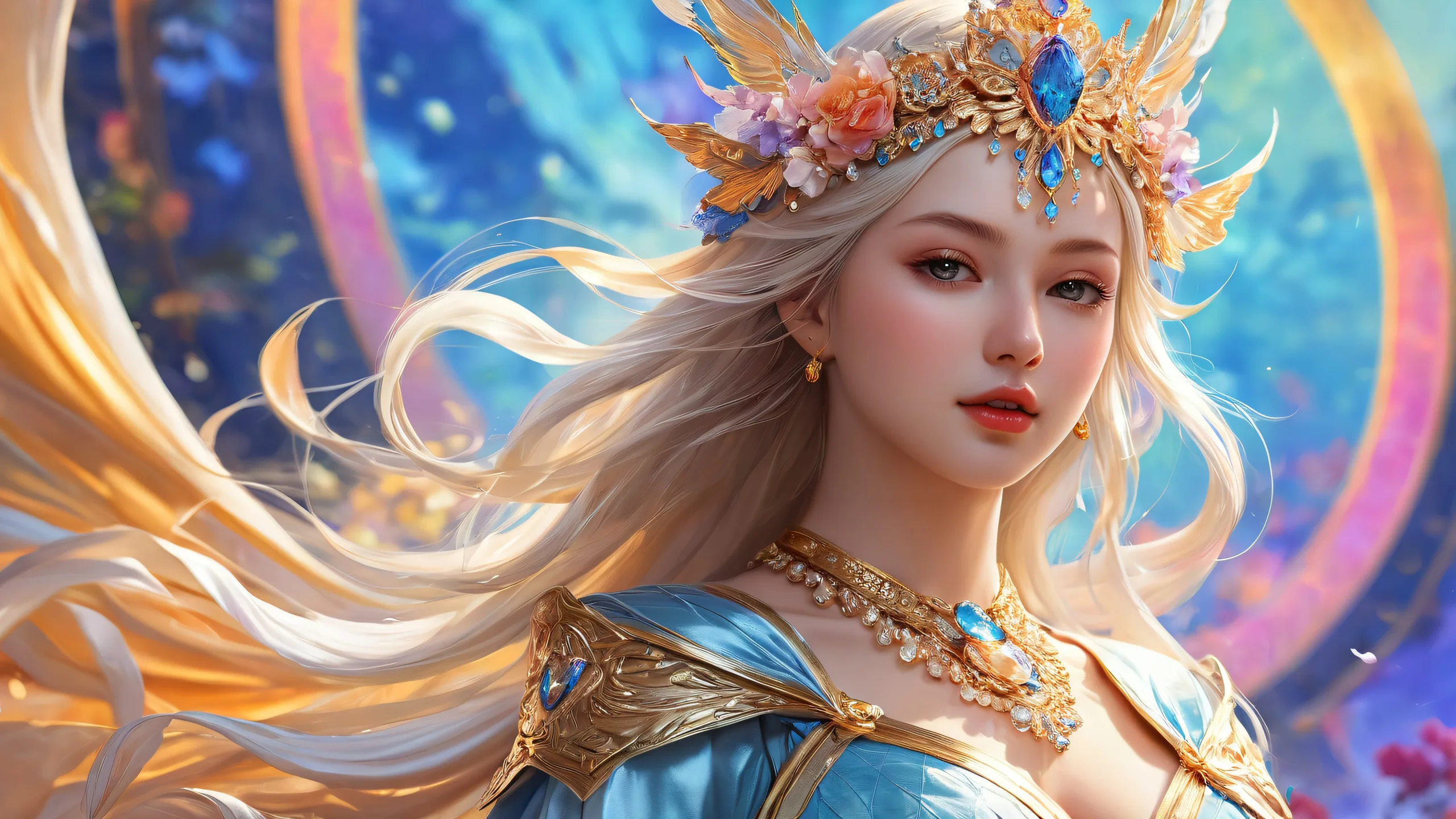 Mystical desktop wallpaper of a radiant maiden amidst a vast, void background. Suitable for Desktop/PC.