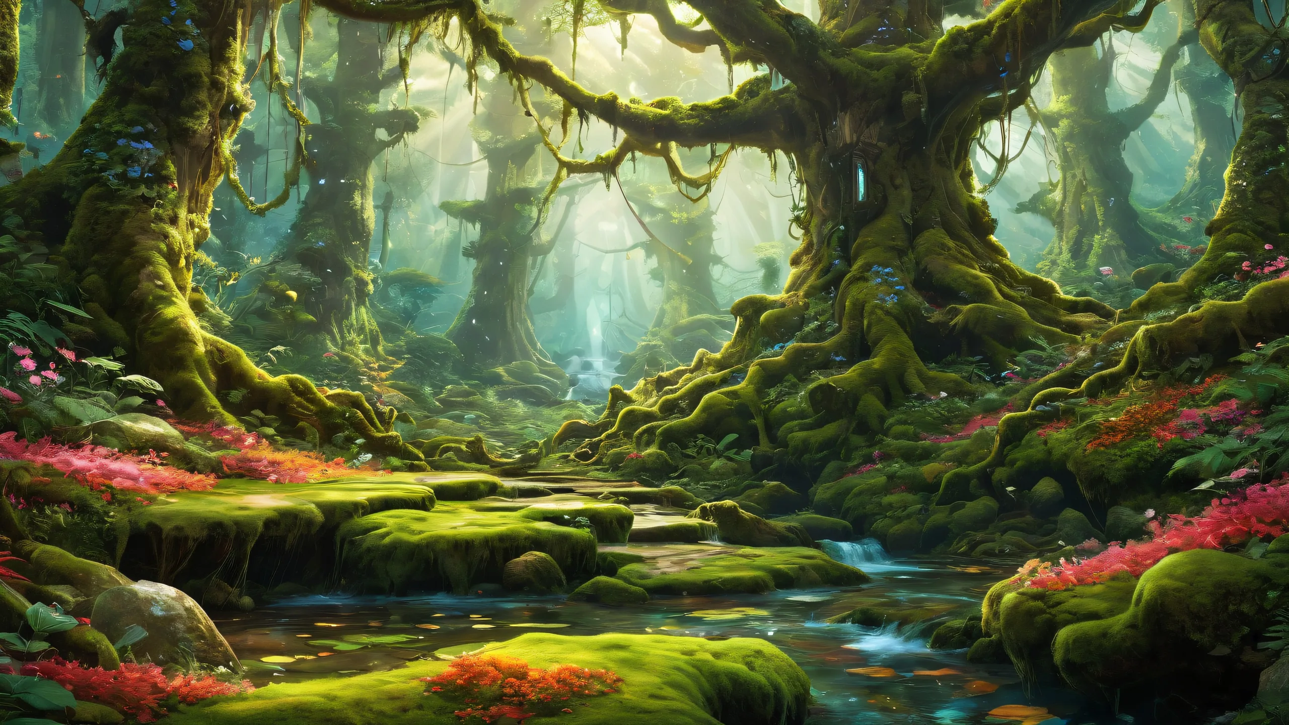 Ultra HD Mystic Mossy Realm Wallpaper Magical being amidst a mystical mossy forest floor on Desktop/PC